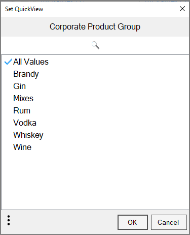 The Set QuickView dialog box for selecting values.