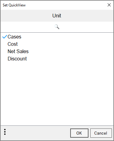 The Set QuickView dialog box for selecting values.