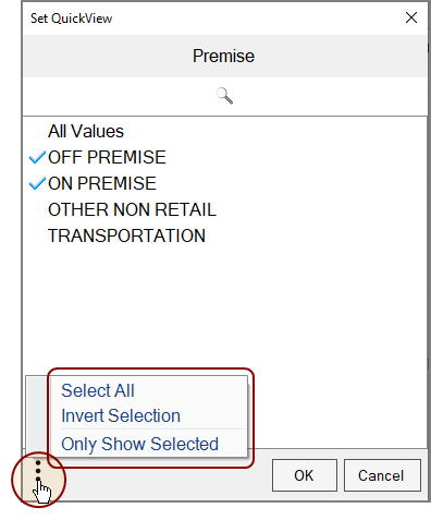 The Set QuickView Selection Options. context menu.