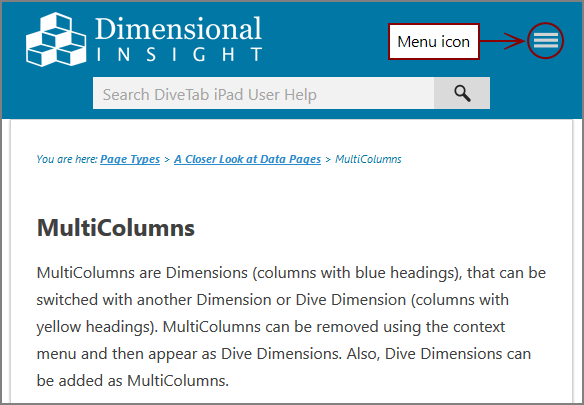 DiveTab iPad Help - mobile screen