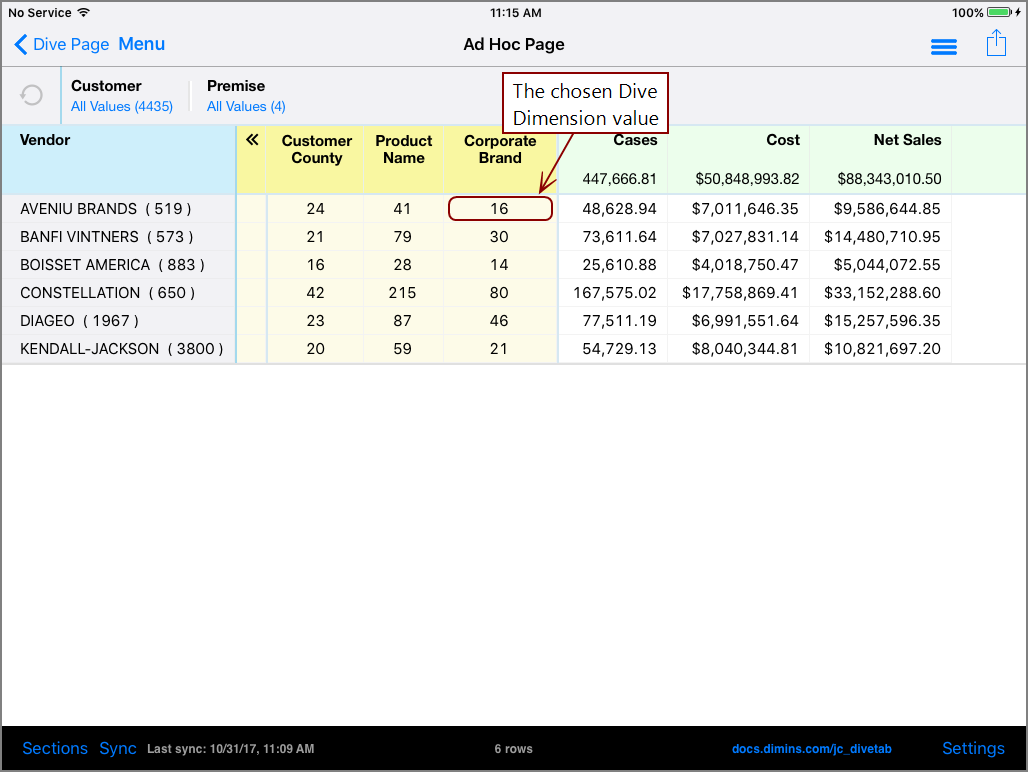 Example of a data page with Dive Dimensions and a value indicated, on the iPad.