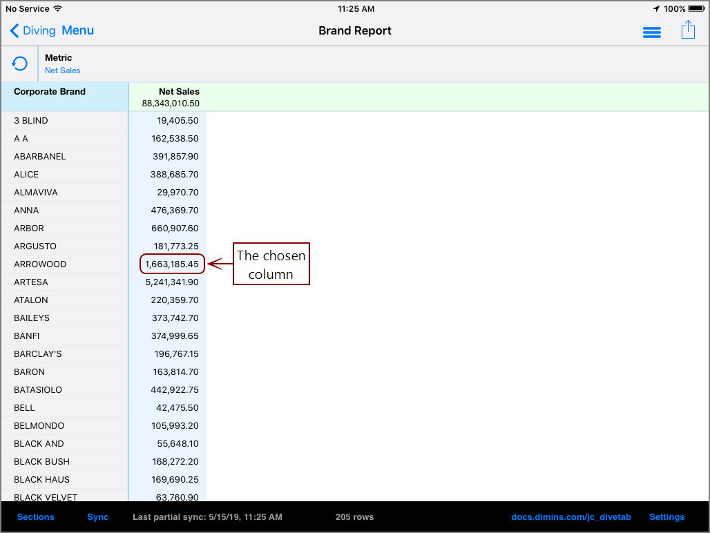 Example of a data page with Dive Dimensions and a value indicated, on the iPad.