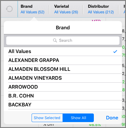 The Set QuickView dialog box for selecting values.