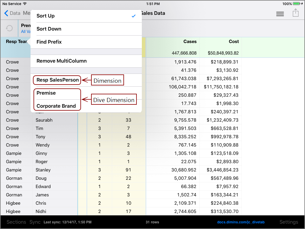 The content menu for a Dimension to swap with another Dimension.