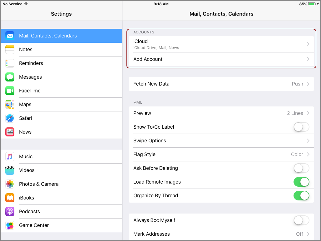 The Settings section for Mail, Contacts, Calendars.
