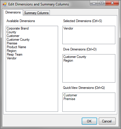 Example of the Dimensions tab of the Edit Dimensions and Summary Columns dialog box on the PC.