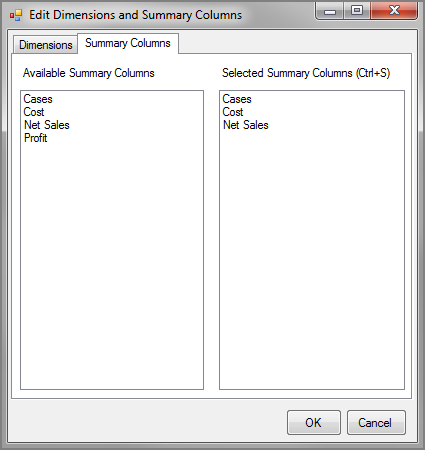Example of the Summary Columns tab of the Edit Dimensions and Summary Columns dialog box on the PC.