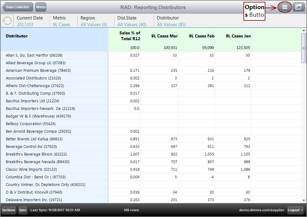 The Options Button for a bookmarking a data page on a PC.