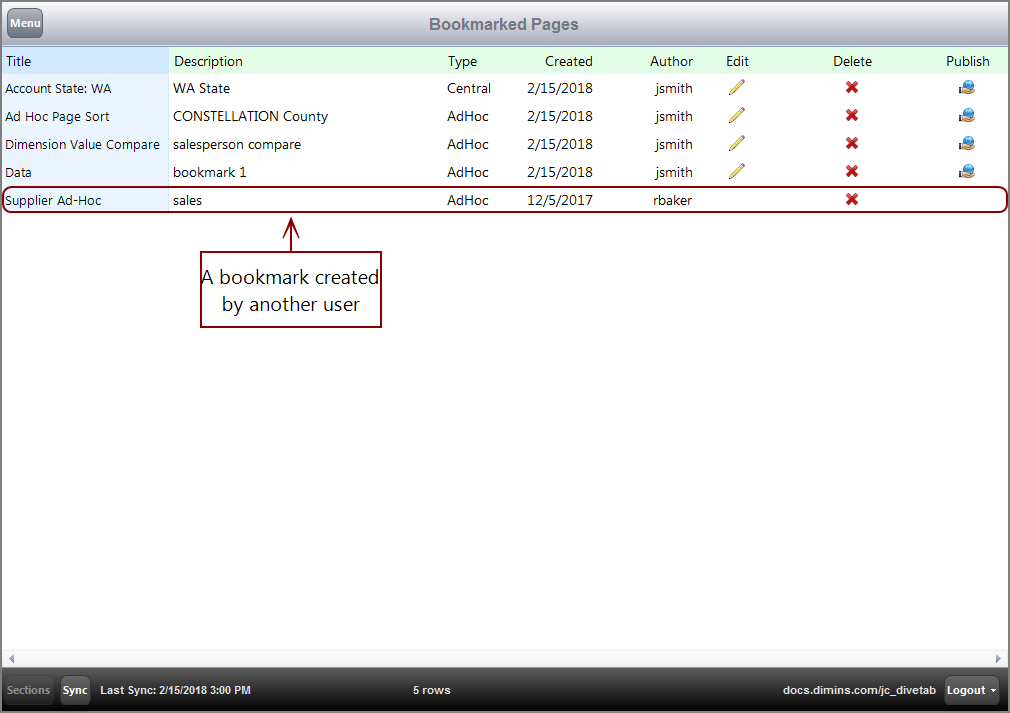 The Bookmarked Pages list of bookmarks.