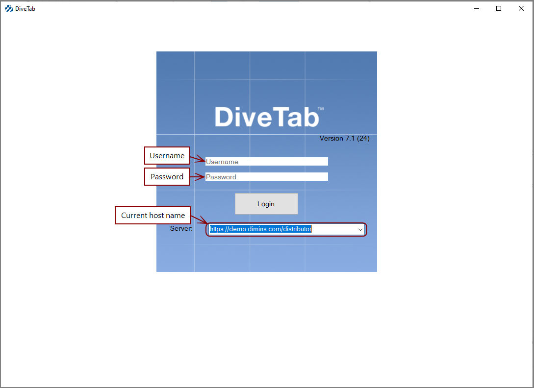 This is the log in screen for DiveTab PC.