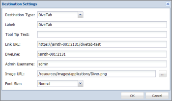Example of the settings for a DiveTab destination.