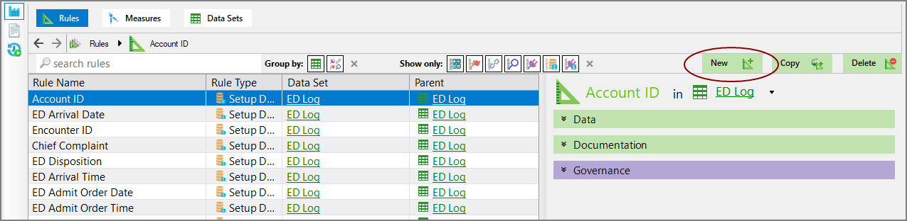 Measure Factory editor Rules page showing the location of the New option.