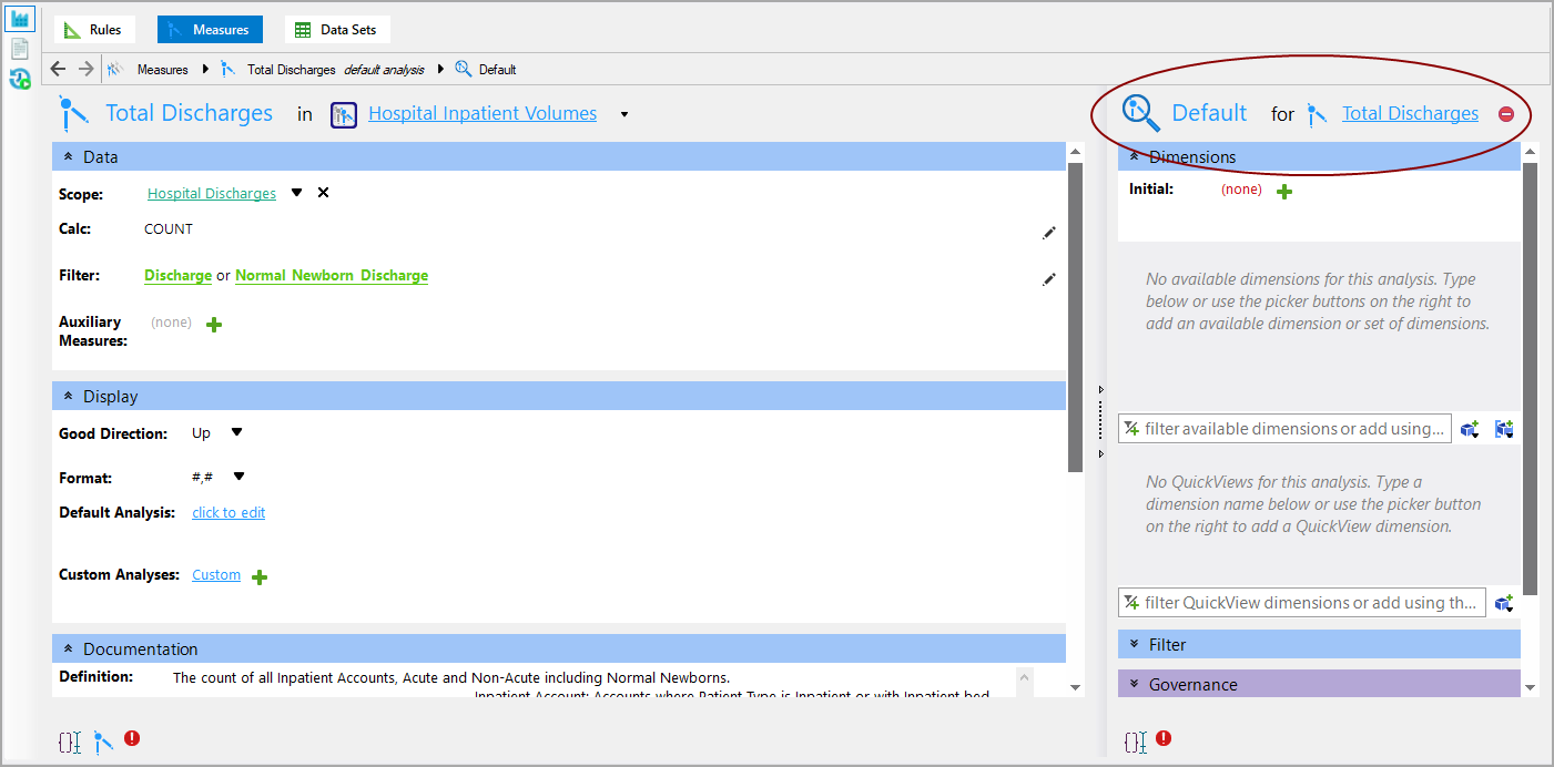 Default analysis details in the Measure Factory Editor