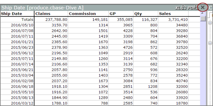 X in the dive window.