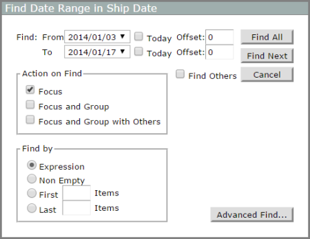 The Find Date Range in Ship Date dialog box.