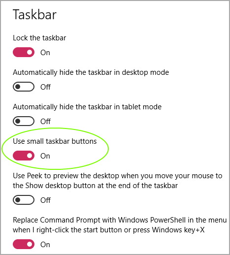 Windows taskbar settings