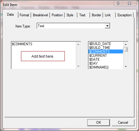 Edit Item dialog box showing the comments variable.