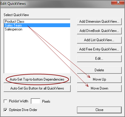 Edit QuickViews dialog box.