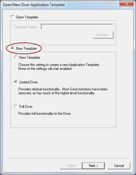 First page of the Open/New Diver Application Template wizard.