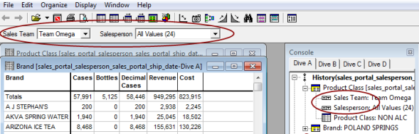Dive window showing QuickView lists.