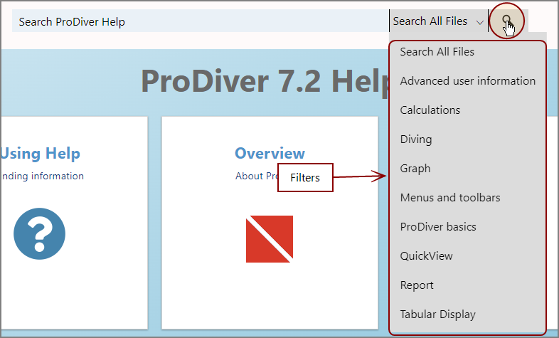 ProDiver search filters.
