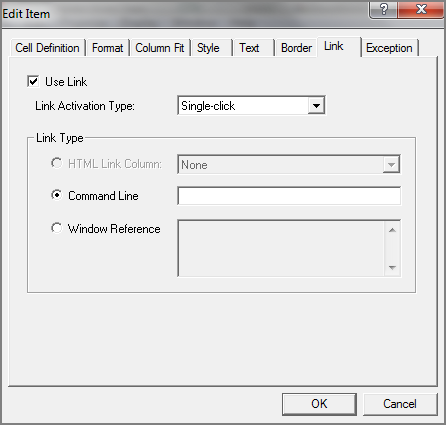 Edit item, link tab dialog box.