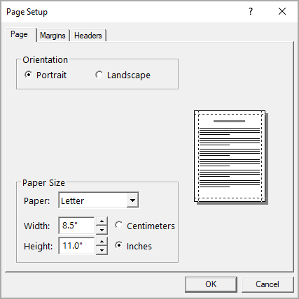 Page Setup dialog box, page tab