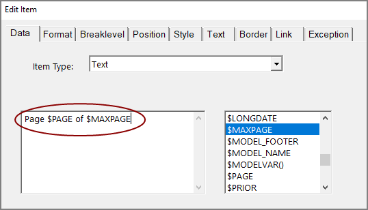 Combine text strings and variables in the item dialog box