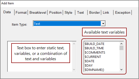Add or edit text item dialog box