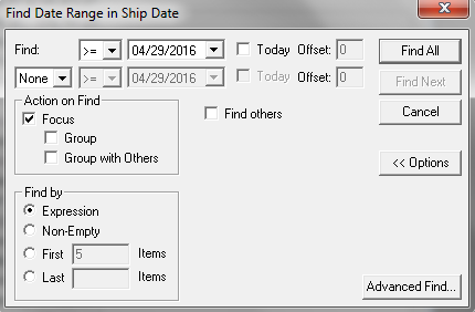 Find Date Range in Ship Date dialog box.