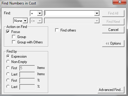 Find Numbers in Cost dialog box.
