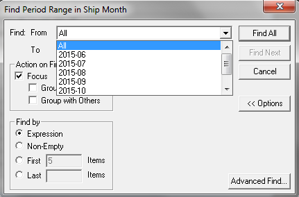 Find Period Range in Ship Month dialog box.