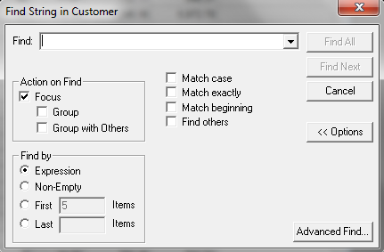 Find String in Customer dialog box.
