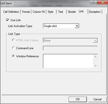Edit item, link tab dialog box.