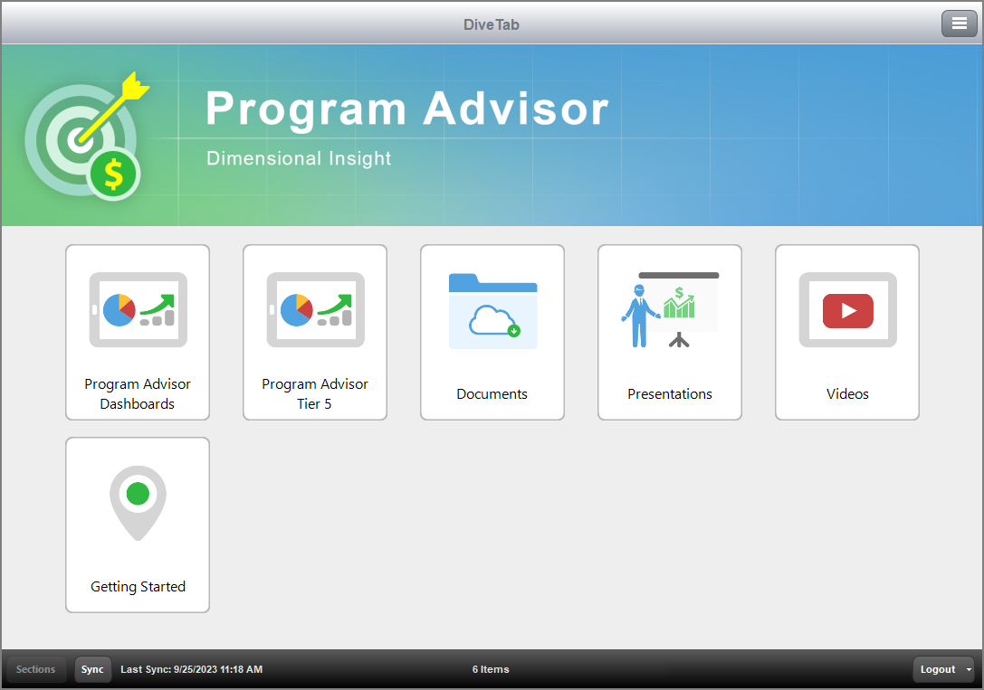 The main menu for Program Advisor in DiveTab.