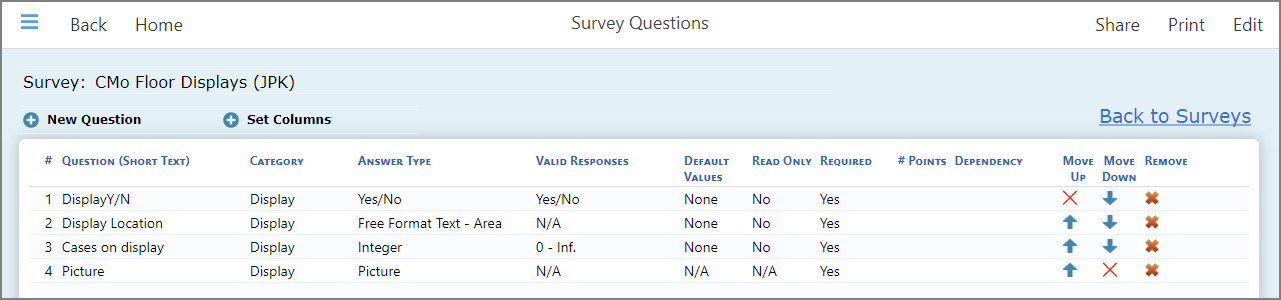 The Survey Questions page for survey CMo Floor Displays (JPK).