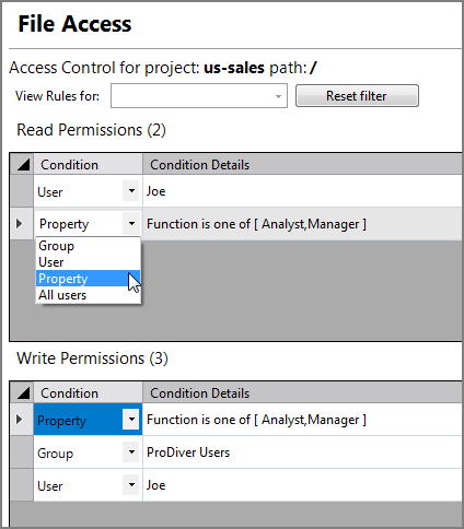 Access Rule Condition Drop-Down List