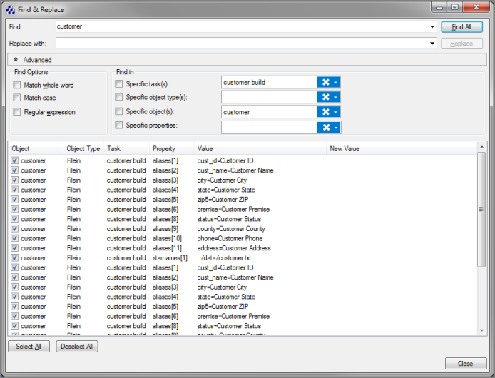 Example Find & Replace dialog box in a VI script