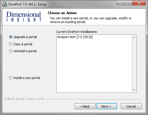 The Choose an Action dialog box for installing DivePort.