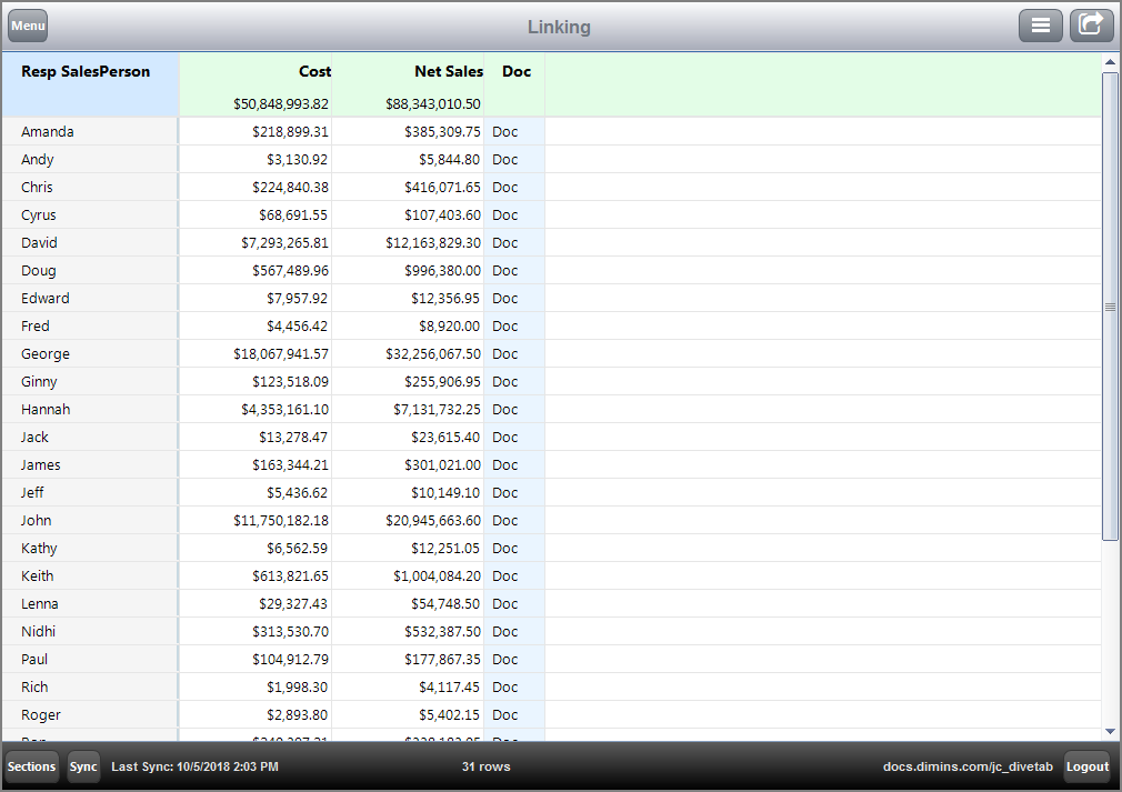 Example of a file link column.