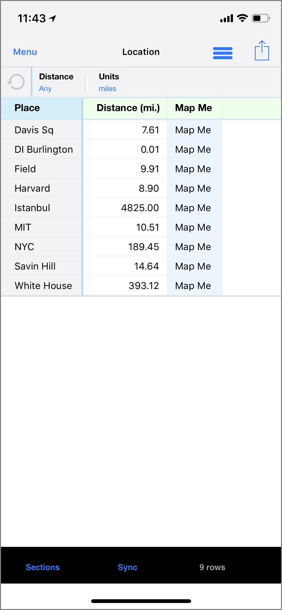 Example of of map columns on the iPhone.