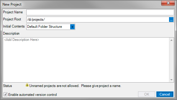 The New Project dialog for a DiveTab project.