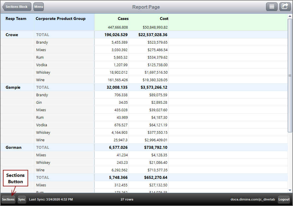 Screenshot of Screen with sections showing