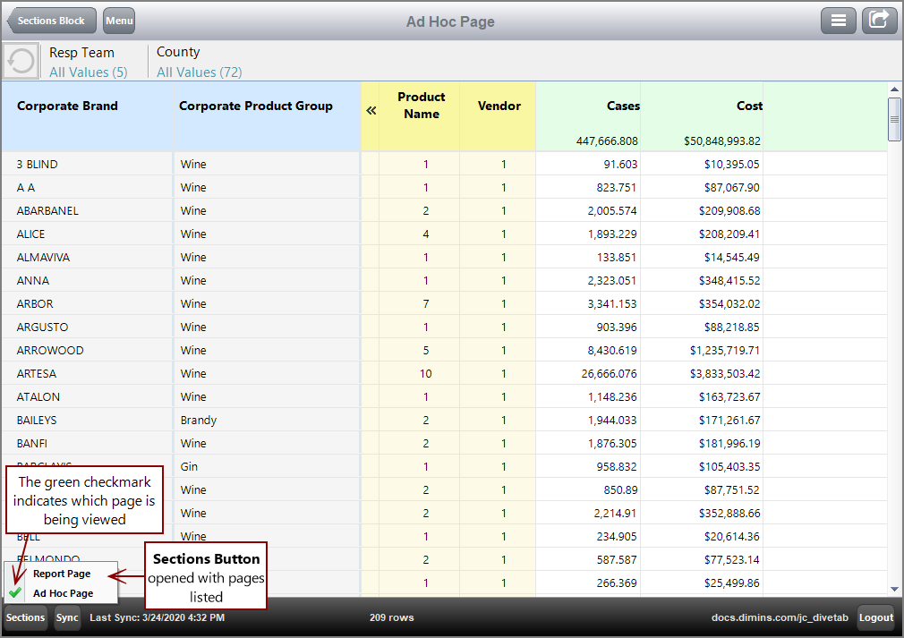 Screenshot of an Ad Hoc page using sections