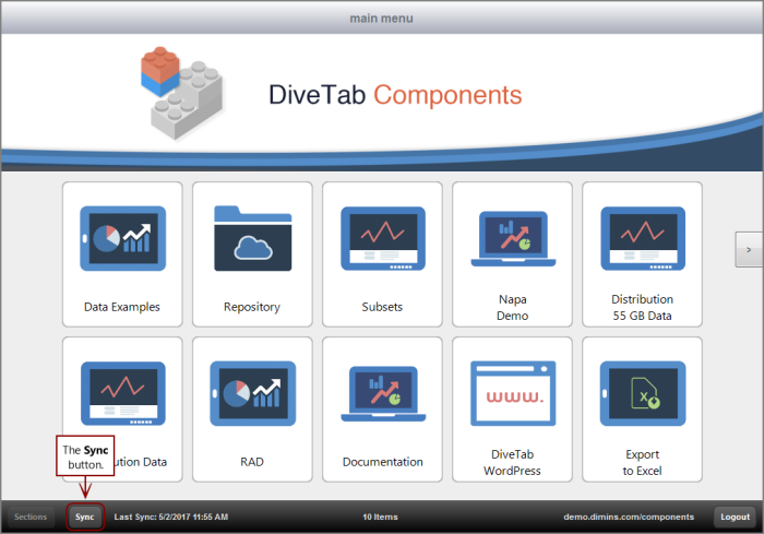 The DiveTab client with the Sync button indicated.
