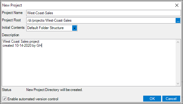 New Project Dialog Box - filled