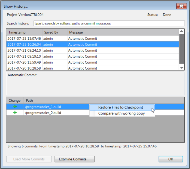 History File List Context Commands