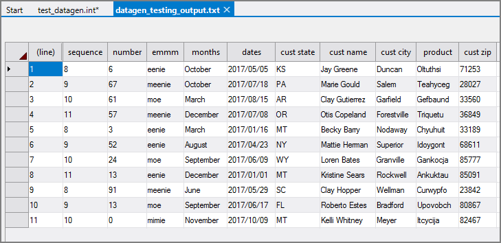 VI Datagen Output Table