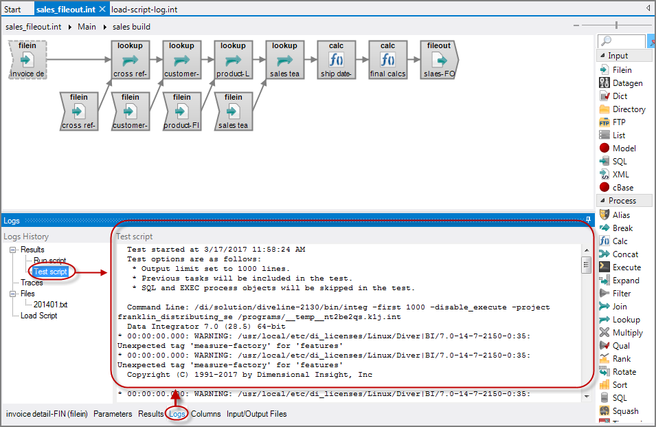 Logs Tab Test Script Panes