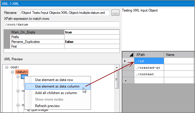 XML Input Object Choose Columns